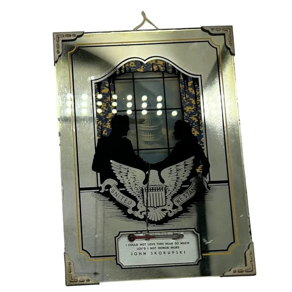 Vintage Silhouette Reverse Painting Couple White House Eagle Thermometer 4 3/4
